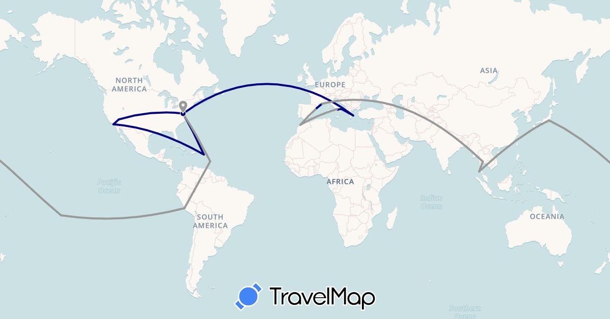 TravelMap itinerary: driving, plane in Spain, France, Greece, Italy, Japan, Saint Lucia, Morocco, Peru, French Polynesia, Thailand, United States, U.S. Virgin Islands (Africa, Asia, Europe, North America, Oceania, South America)