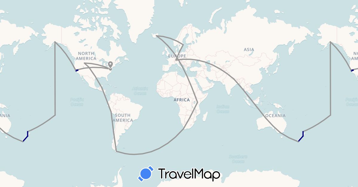 TravelMap itinerary: driving, plane in Australia, Belize, Switzerland, Chile, Iceland, Kenya, Nepal, New Zealand, Peru, French Polynesia, Sweden, United States, South Africa (Africa, Asia, Europe, North America, Oceania, South America)